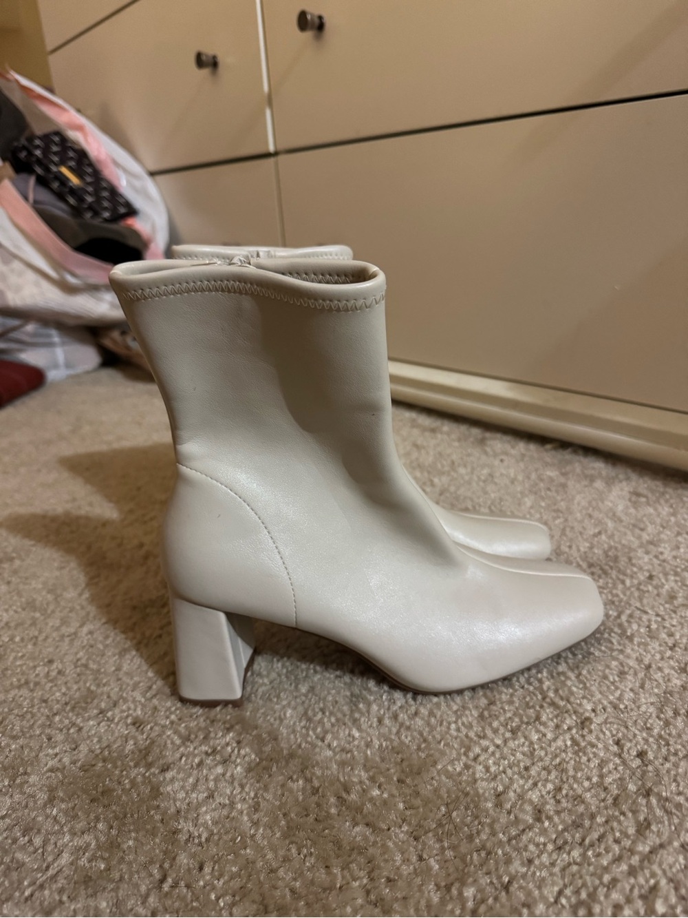 a new day Cream Square-Toe Block Heel Ankle Boots